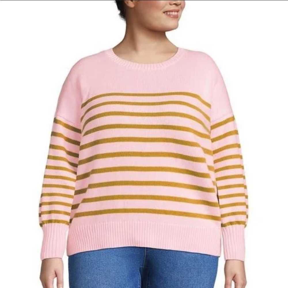NWT Lands’ End Drifter Cotton Sweater Seasalt Pink Dijon Stripe Plus 2X 20W-22W